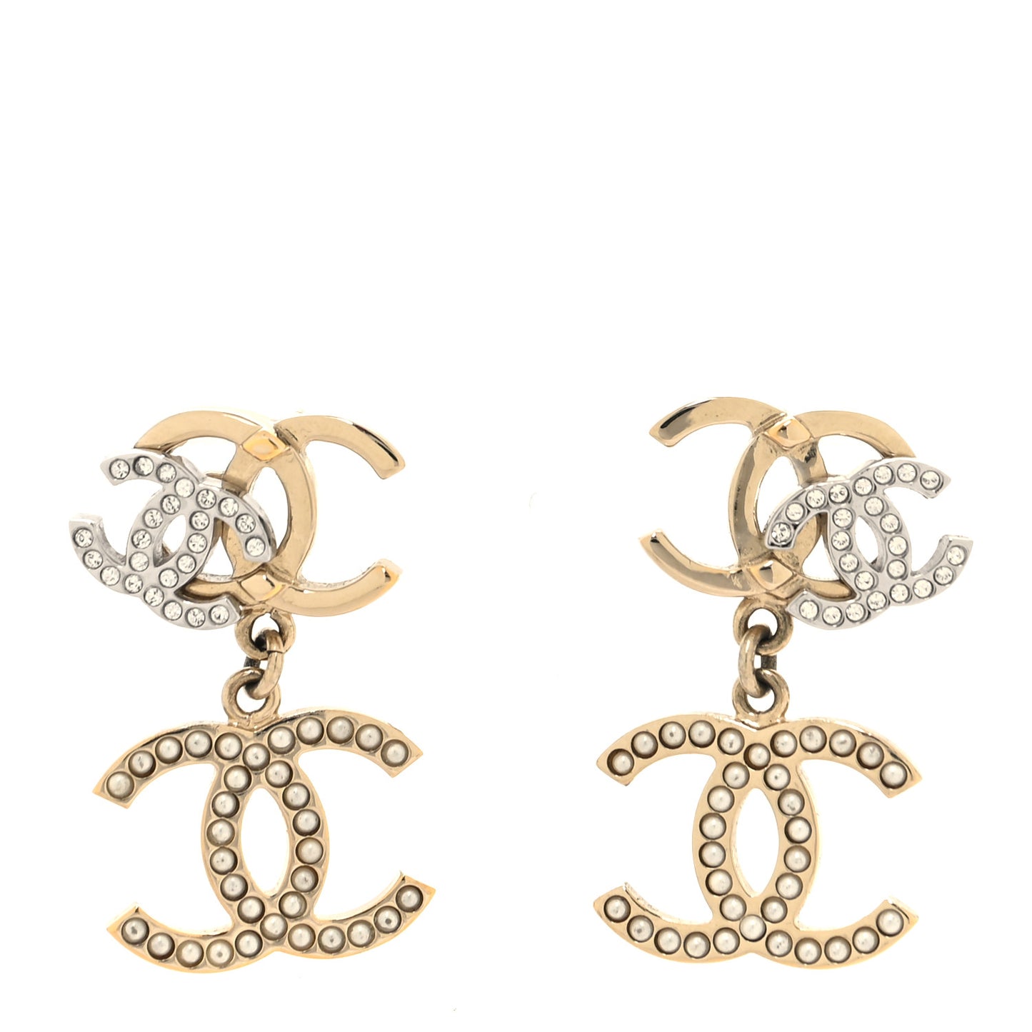 Crystal Pearl Double CC Drop Earrings Gold Silver
