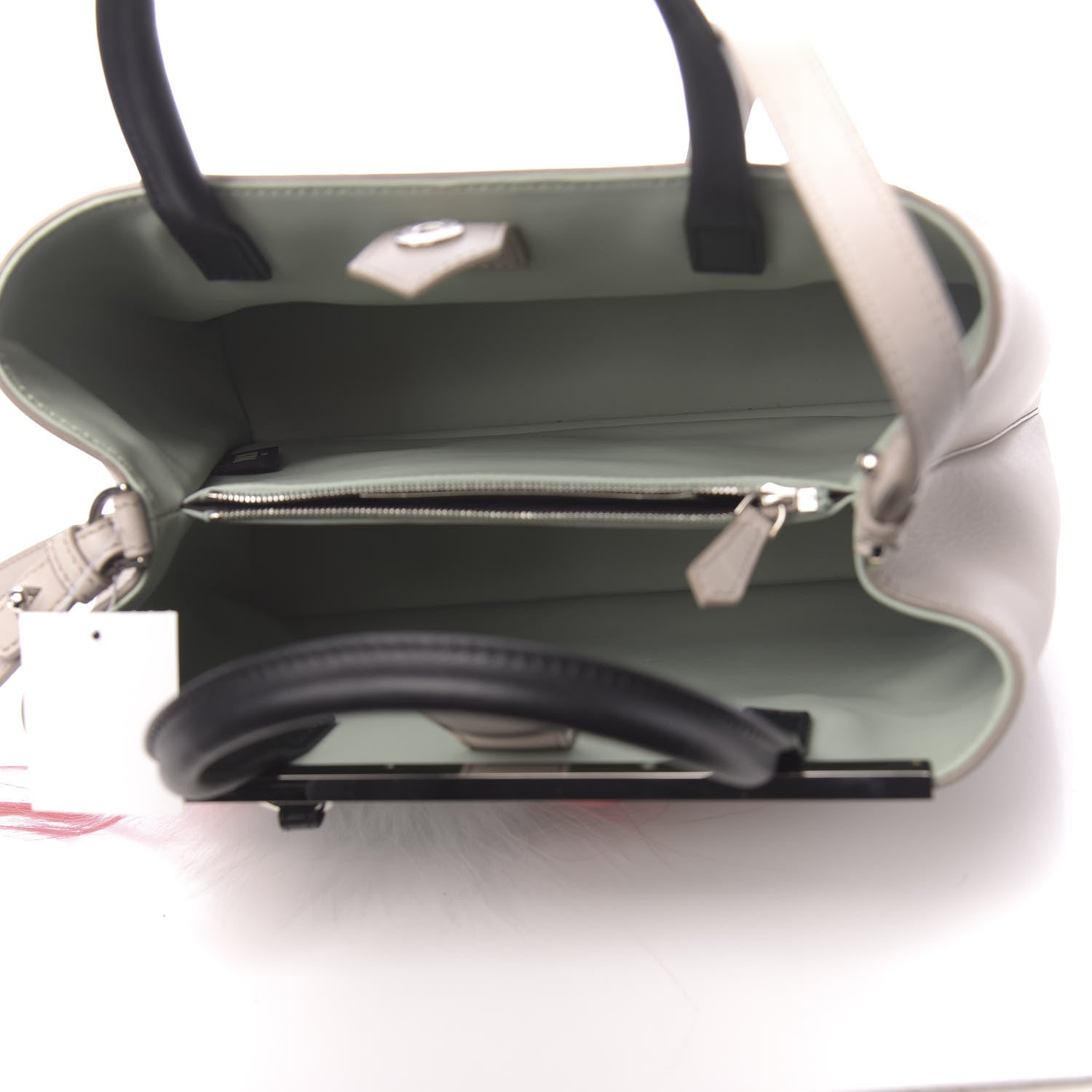 Fendi Vitello Dolce Fox Goat Bi-Color Sad Eyes Mirror Charm Petite 2Jours Tote Grigio Polvere Black 5 of 10