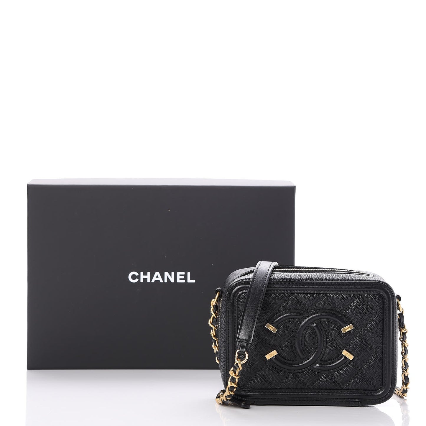 Caviar Quilted CC Filigree Vanity Clutch With Chain Black