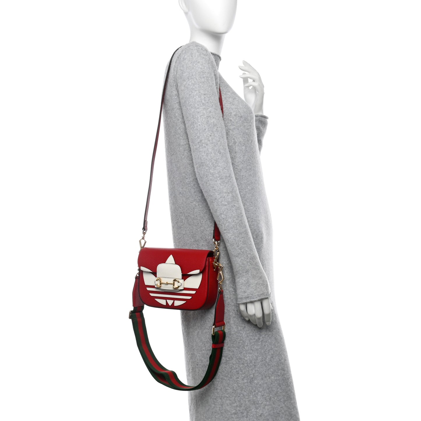 X ADIDAS Textured Dollar Calfskin Web Trefoil Mini Horsebit 1955 Shoulder Bag Hibiscus Red Off White