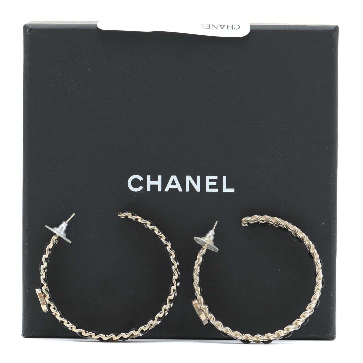 Crystal Lambskin CC Chain Hoop Earrings Gold Black