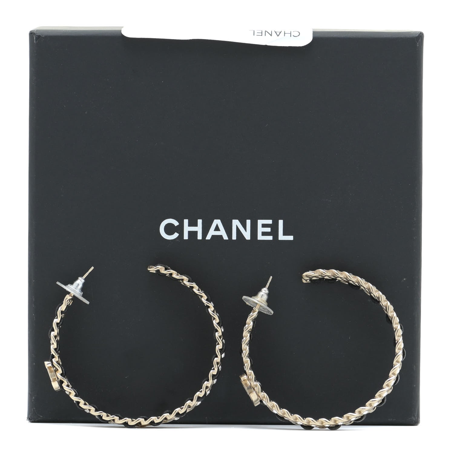 Chanel Crystal Lambskin CC Chain Hoop Earrings Gold Black 5 of 7