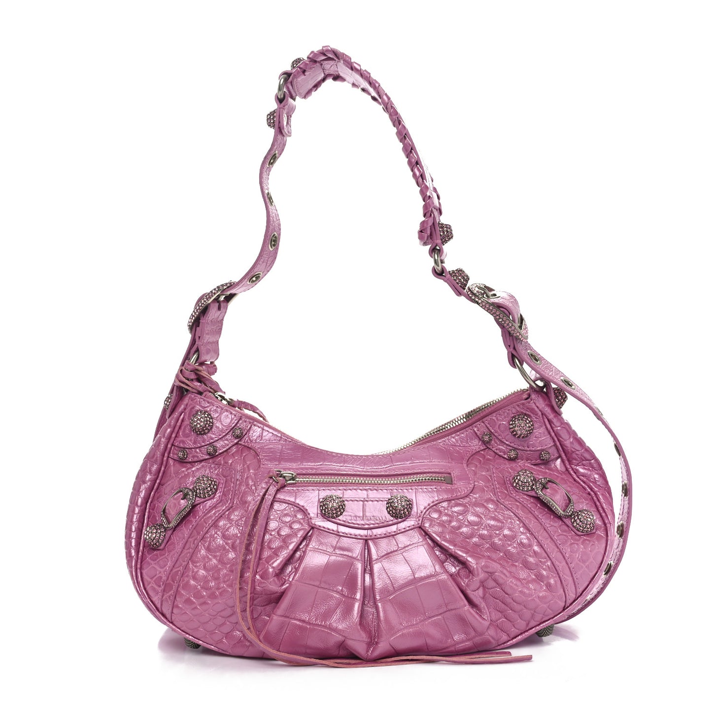 Metallic Extra Supple Calfskin Crystal Crocodile Embossed Small Le Cagole Shoulder Bag Pink