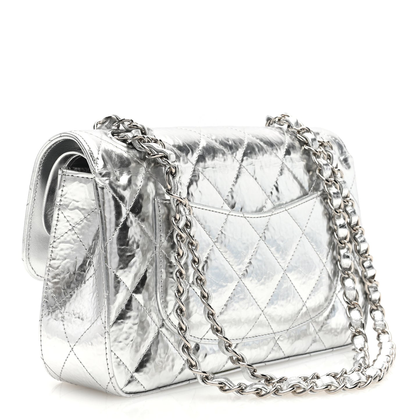 Hammered Metallic Calfskin Quilted Small Double Flap Silver