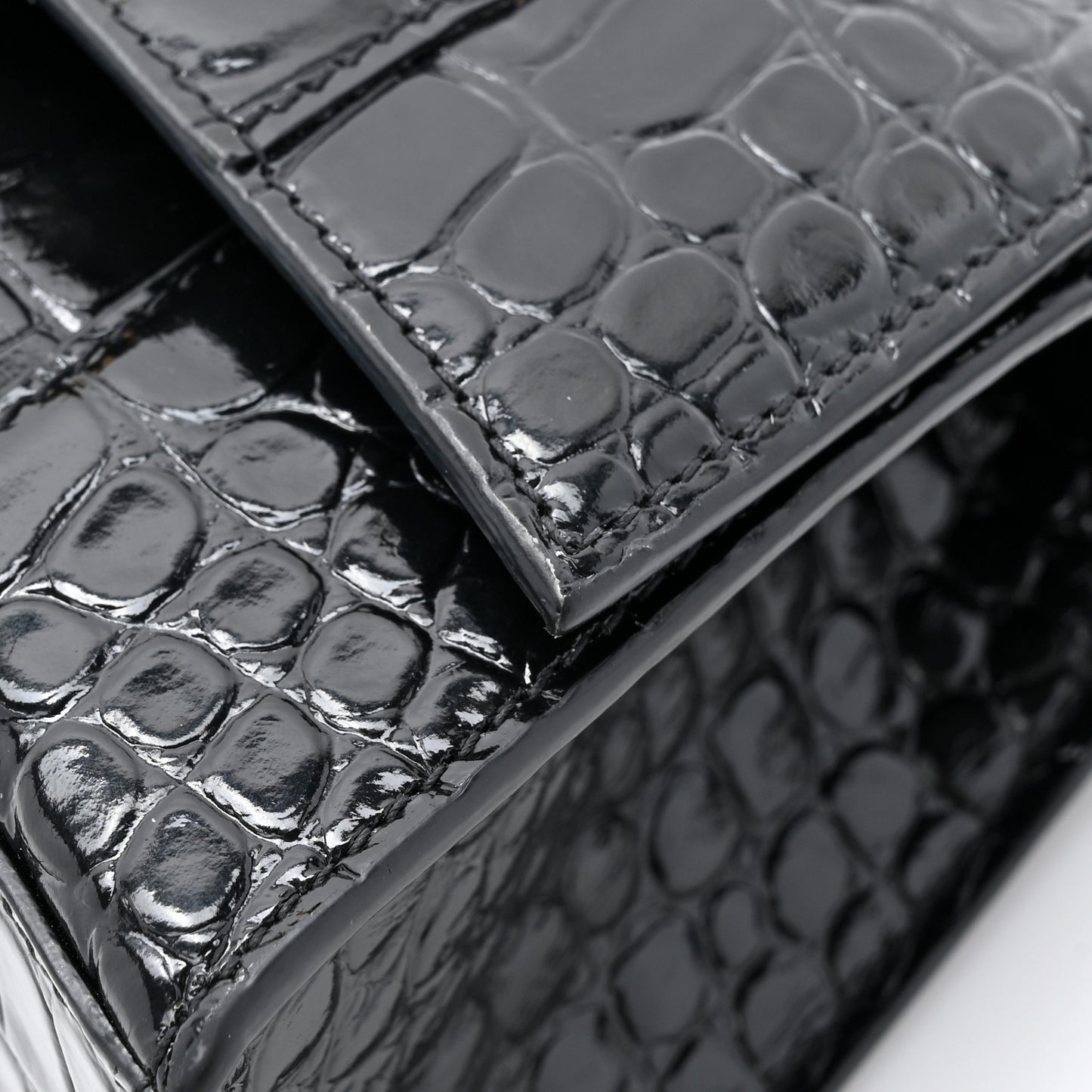 Shiny Calfskin Crocodile Embossed Hourglass Top Handle Bag XS Black