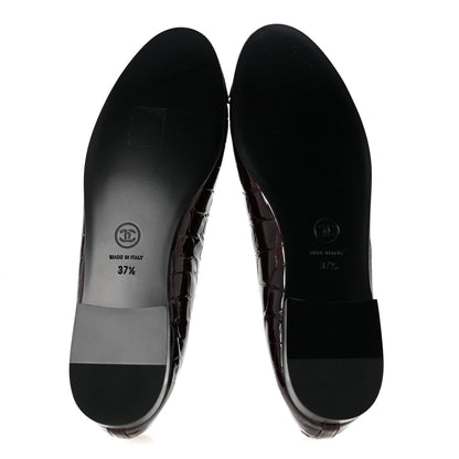 Chanel Crocodile Embossed Patent Calfskin Cap Toe CC Ballerina Flats 37.5 Dark Burgundy Black 6 of 10