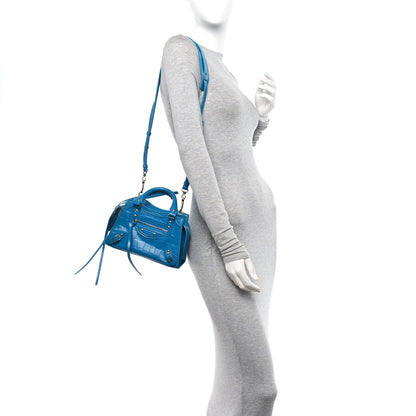 Balenciaga Semi Shiny Calfskin Crocodile Embossed Neo Classic Silver Hardware Mini City Turquoise 2 of 9