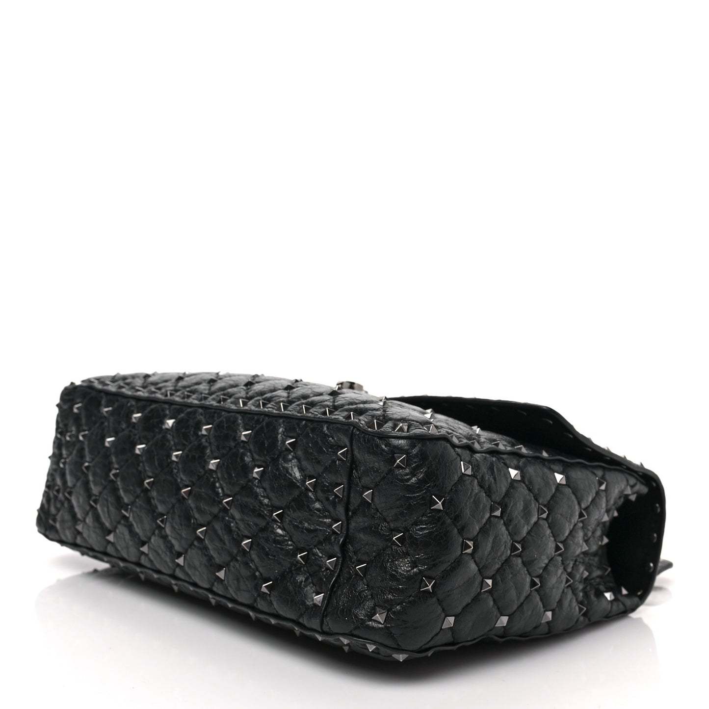 Craquele Nappa Large Rockstud Spike Shoulder Bag Black