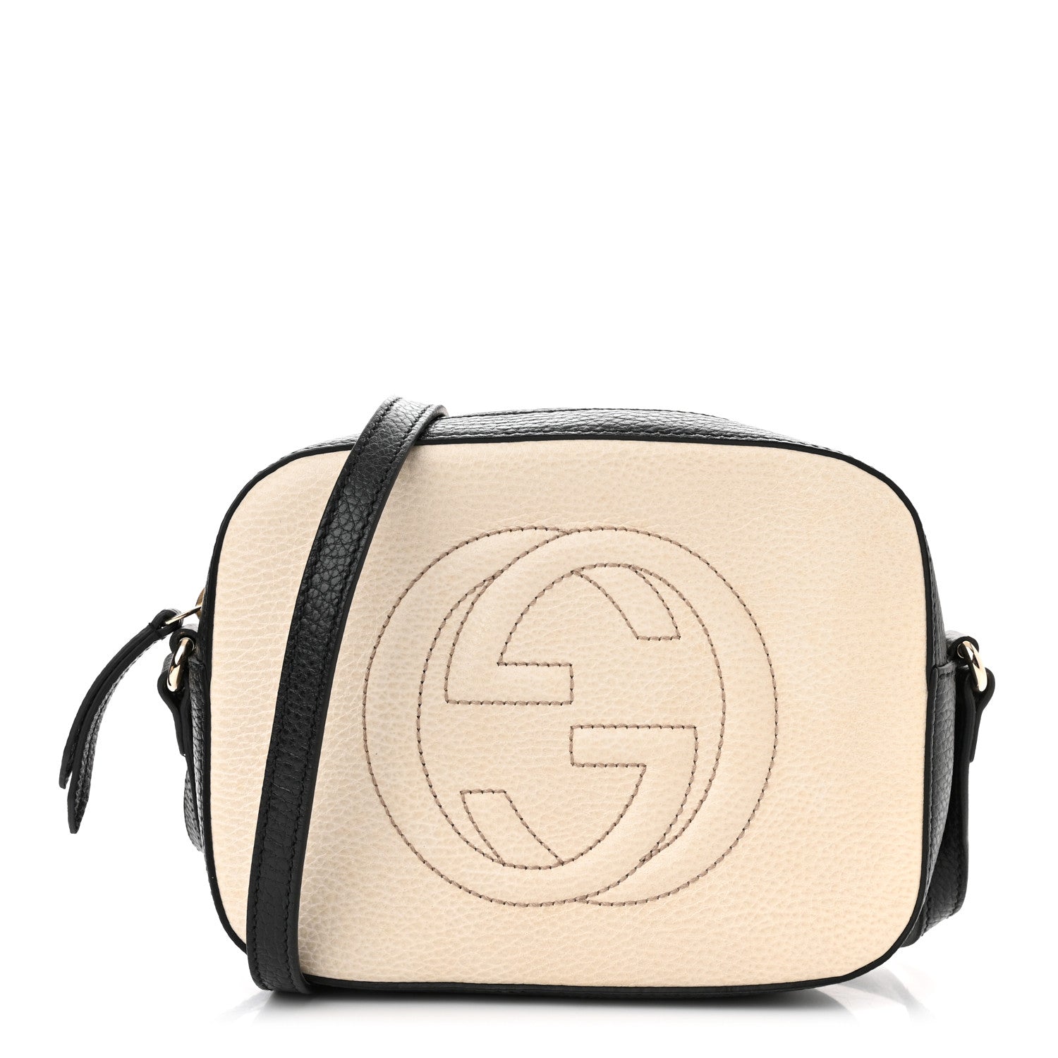 this is an image by fashiophile of a bi-color gucci soho disco bag in the colors mystic white and black