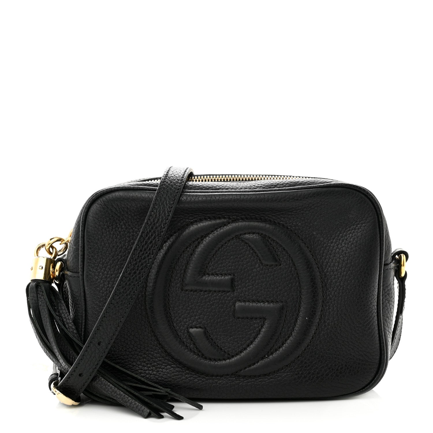 this is a studio image by fashionphile of a black gucci soho disco bag size small