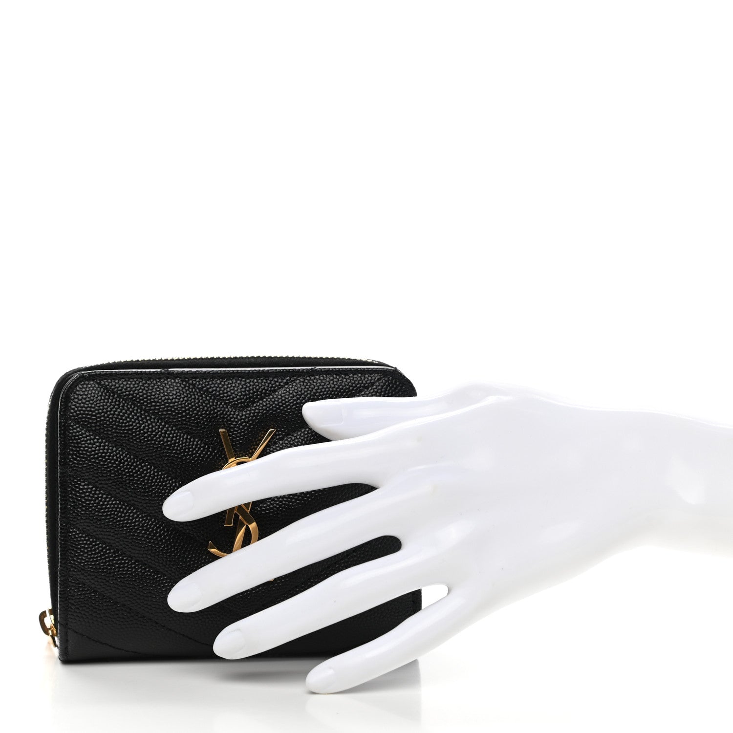 Saint Laurent Grain De Poudre Matelasse Chevron Monogram Compact Zip Around Wallet Black 2 of 10