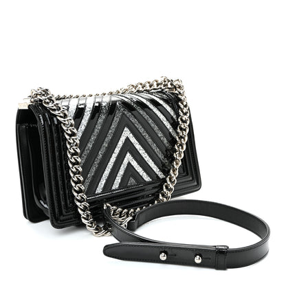 Chanel Patent Glitter PVC Chevron Quilted Medium Boy Flap Black Silver 3 of 9