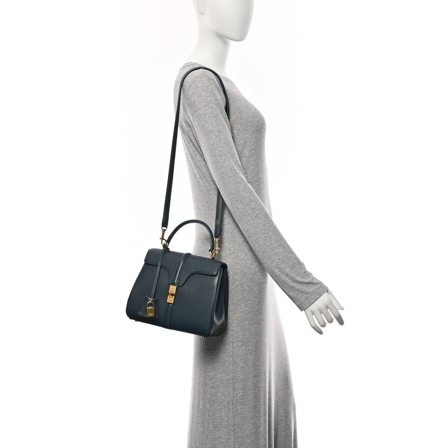 Grained Calfskin Small 16 Top Handle Bag Petrol