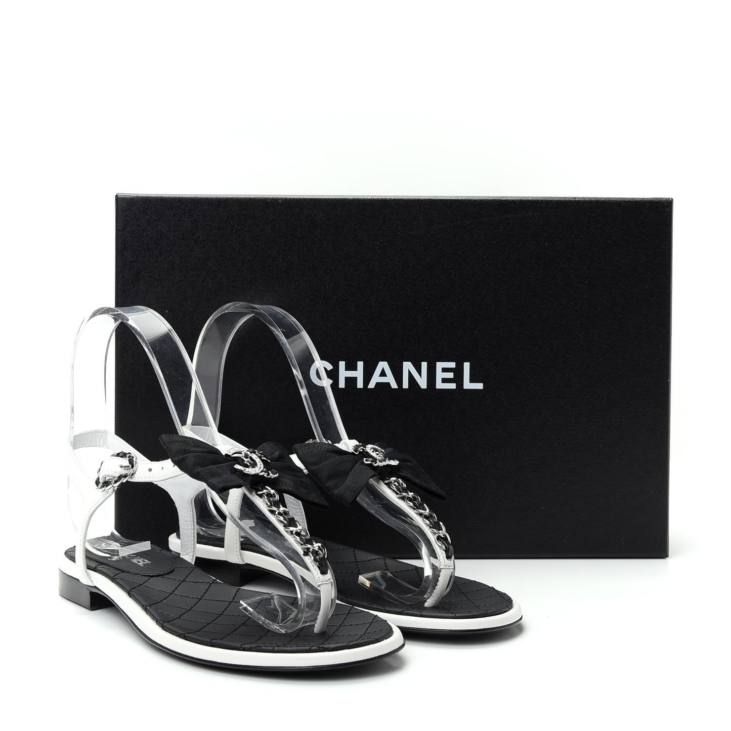 Lambskin Crystal Chain CC Logo Thong Sandals 35.5 White