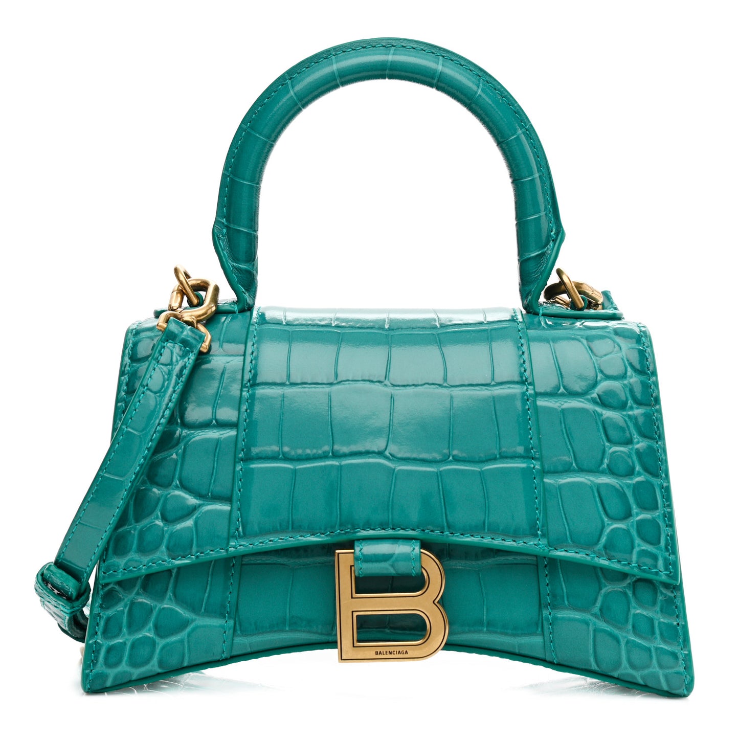 Shiny Calfskin Crocodile Embossed Hourglass Top Handle Bag XS Dark Turquoise