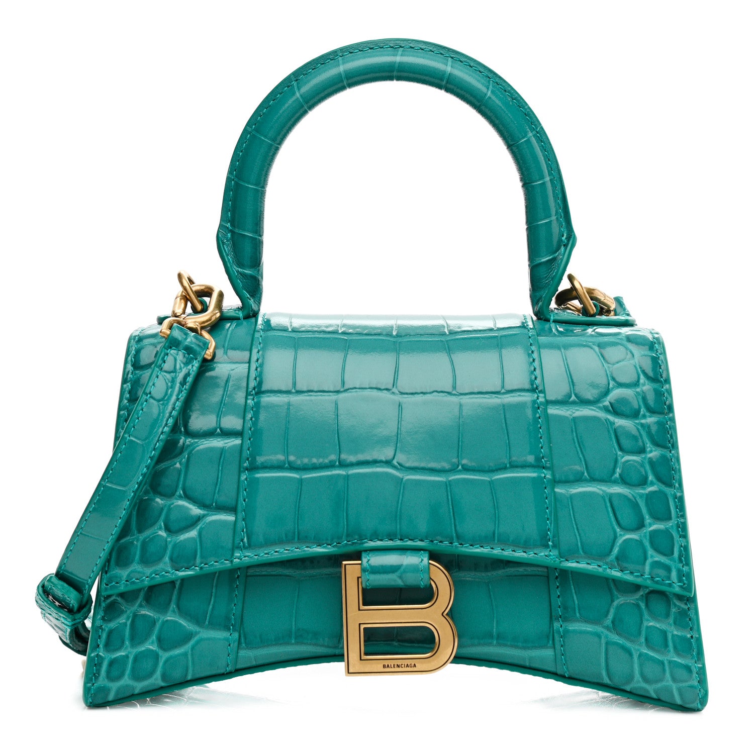 Balenciaga Shiny Calfskin Crocodile Embossed Hourglass Top Handle Bag XS Dark Turquoise 1 of 6