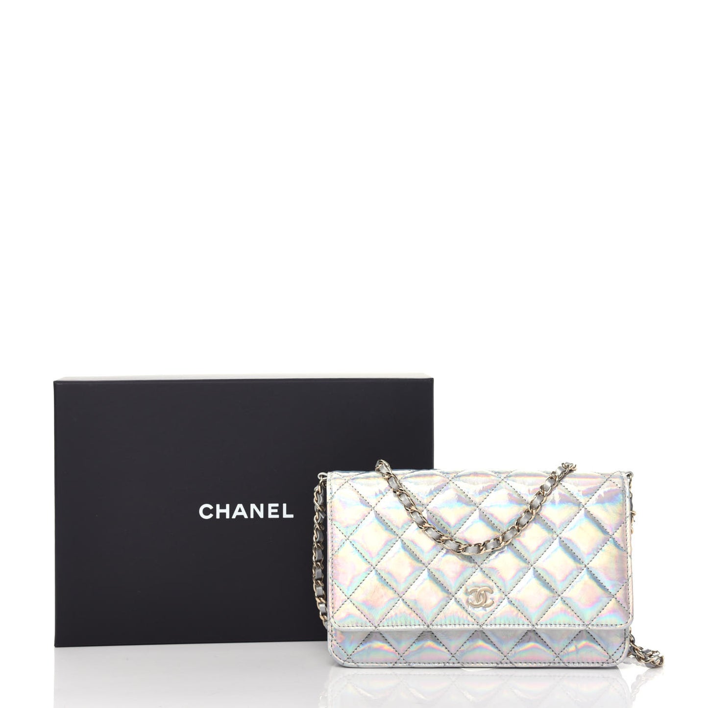 Iridescent Goatskin Quilted Wallet On Chain WOC Silver