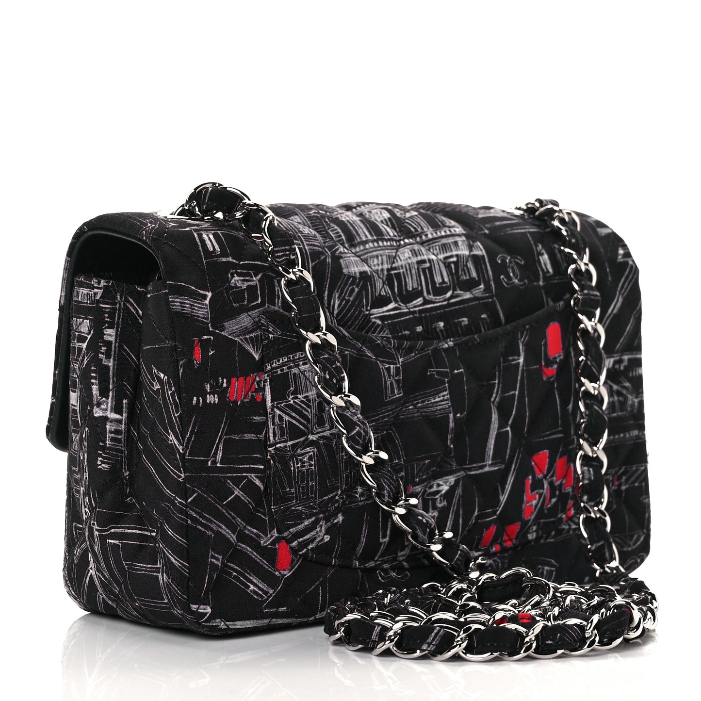 Fabric Printed Paris Rooftops Quilted Mini Rectangular Flap Black Red White