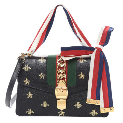 Gucci Textured Calfskin Bee Star Print Small Sylvie Shoulder Bag Black 1 of 11