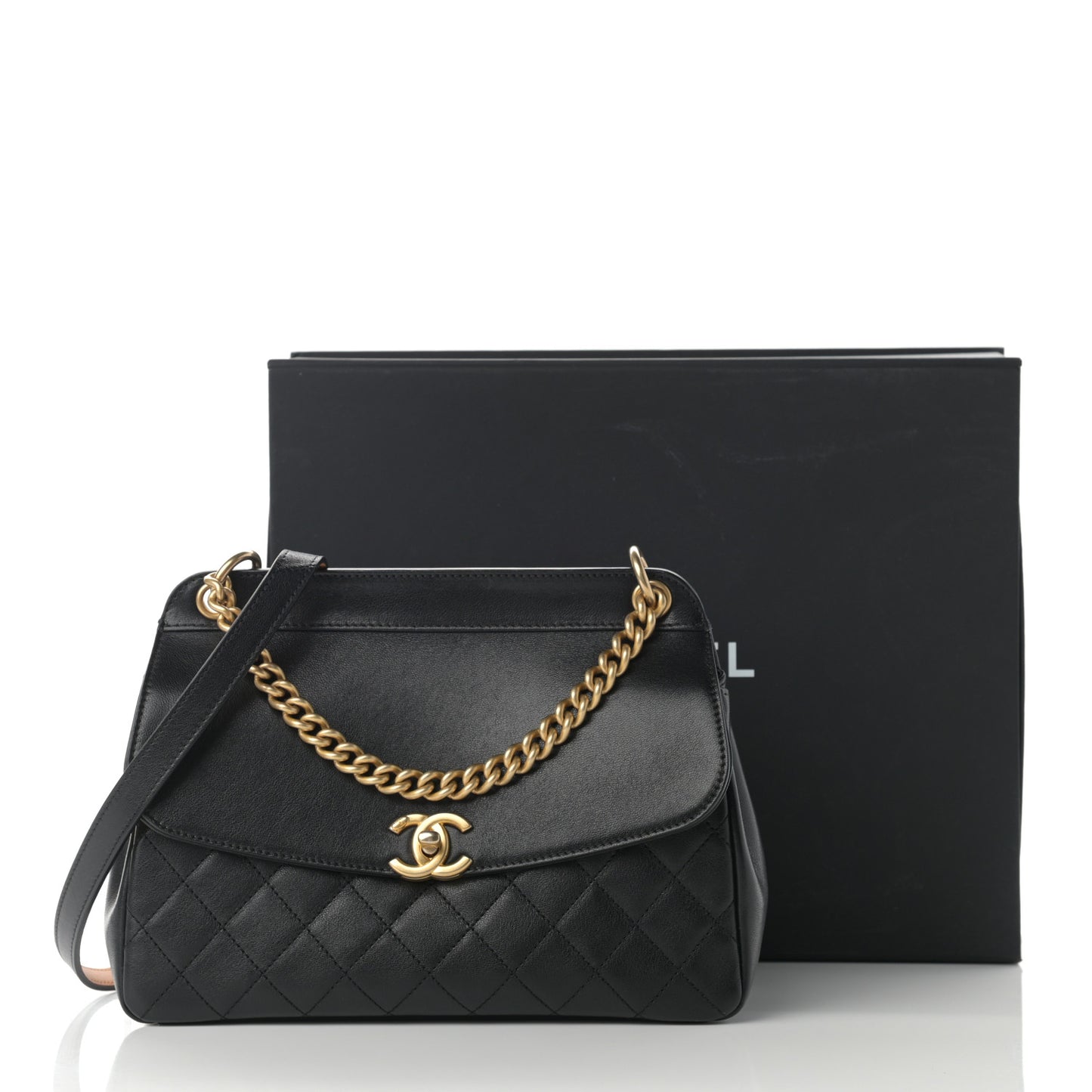 Lambskin Quilted Curved Flap Black