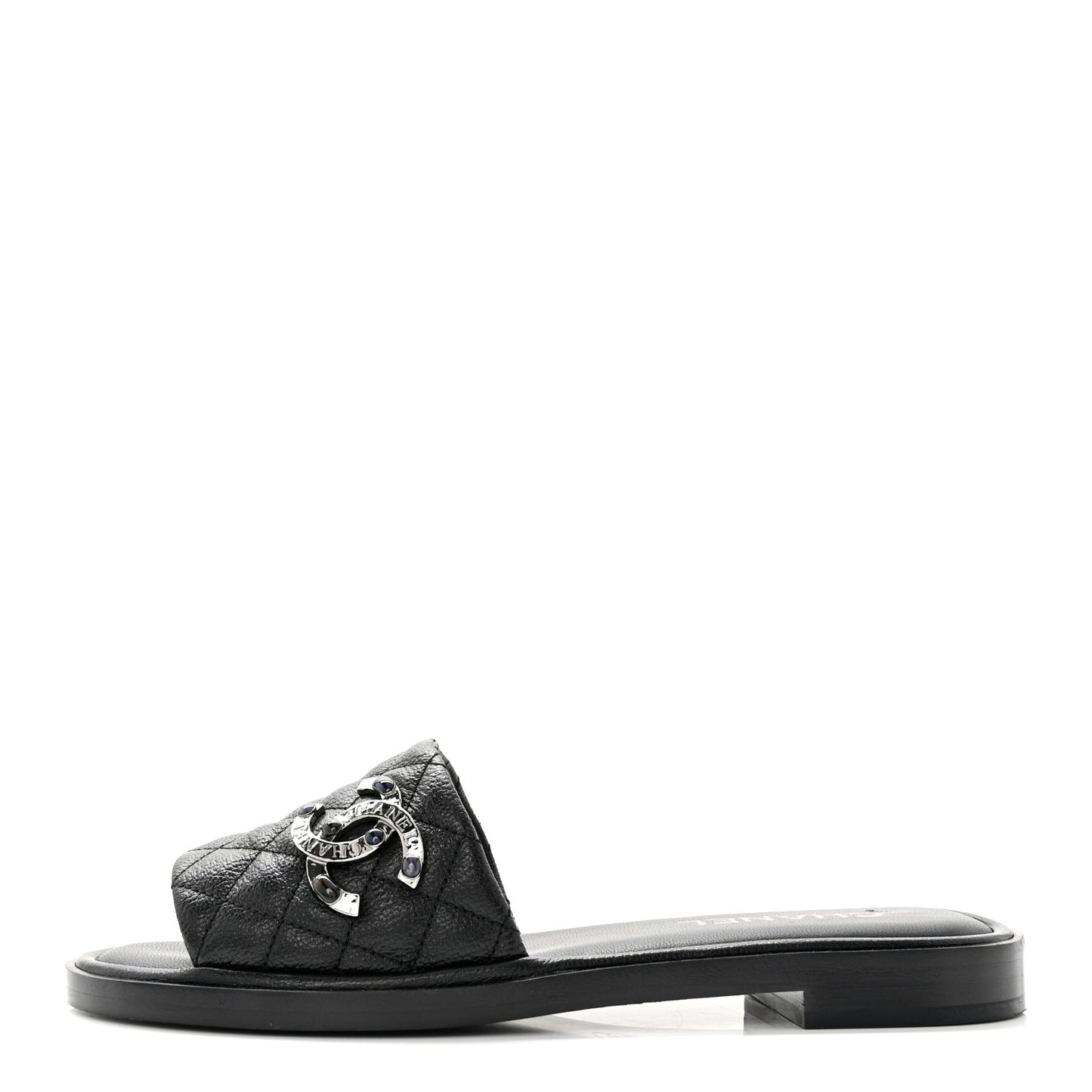 Shiny Goatskin Quilted CC Mules Sandals 38.5 Black