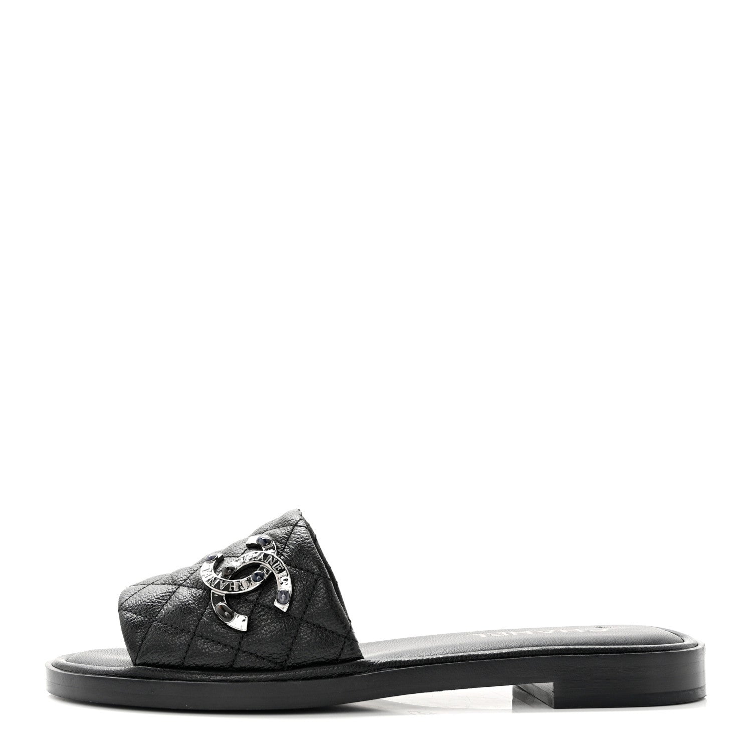 Chanel Shiny Goatskin Quilted CC Mules Sandals 38.5 Black 1 of 9