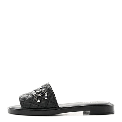 Chanel Shiny Goatskin Quilted CC Mules Sandals 38.5 Black 1 of 9