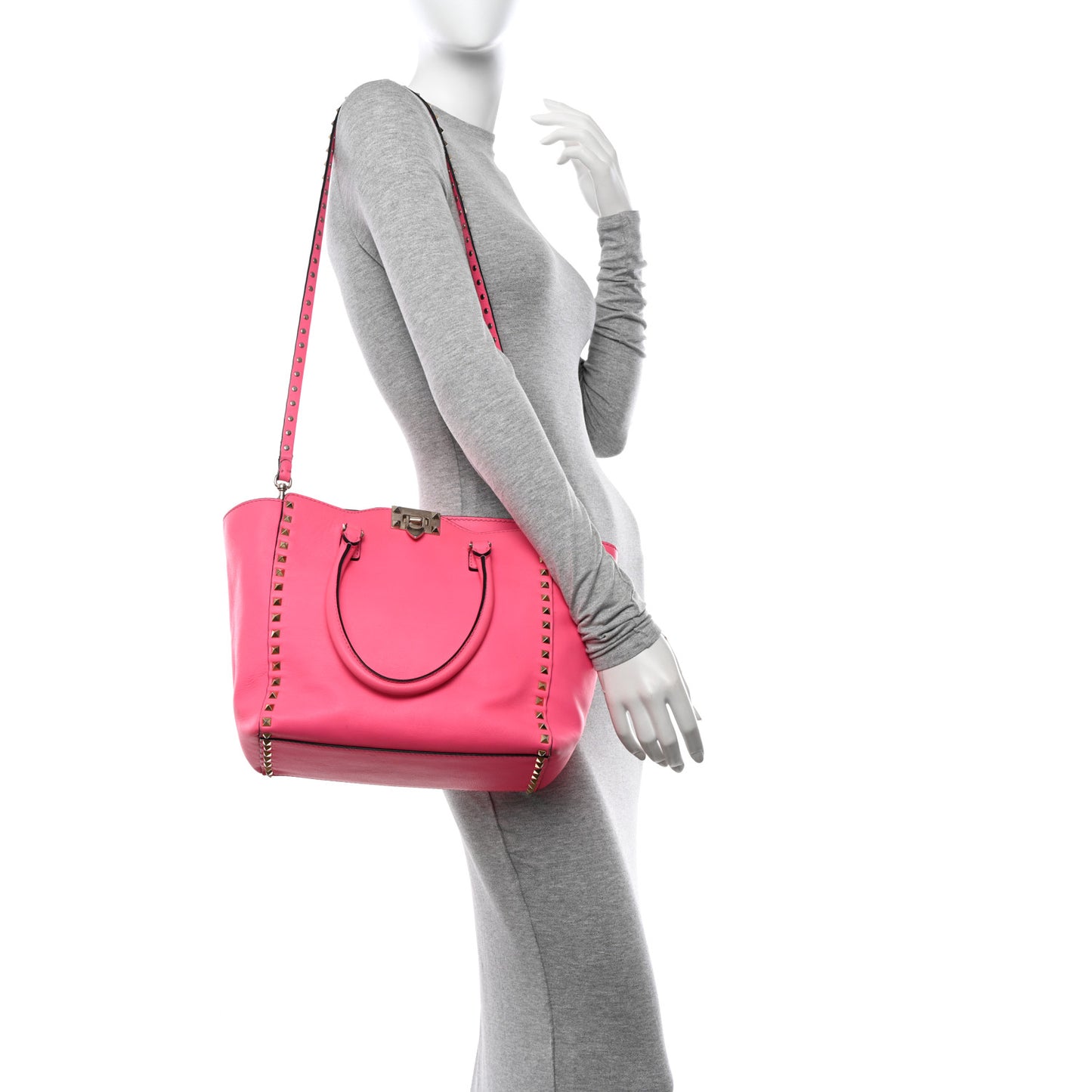 VALENTINO GARAVANI Vitello Rockstud Double Handle Tote Fuxia Fluo