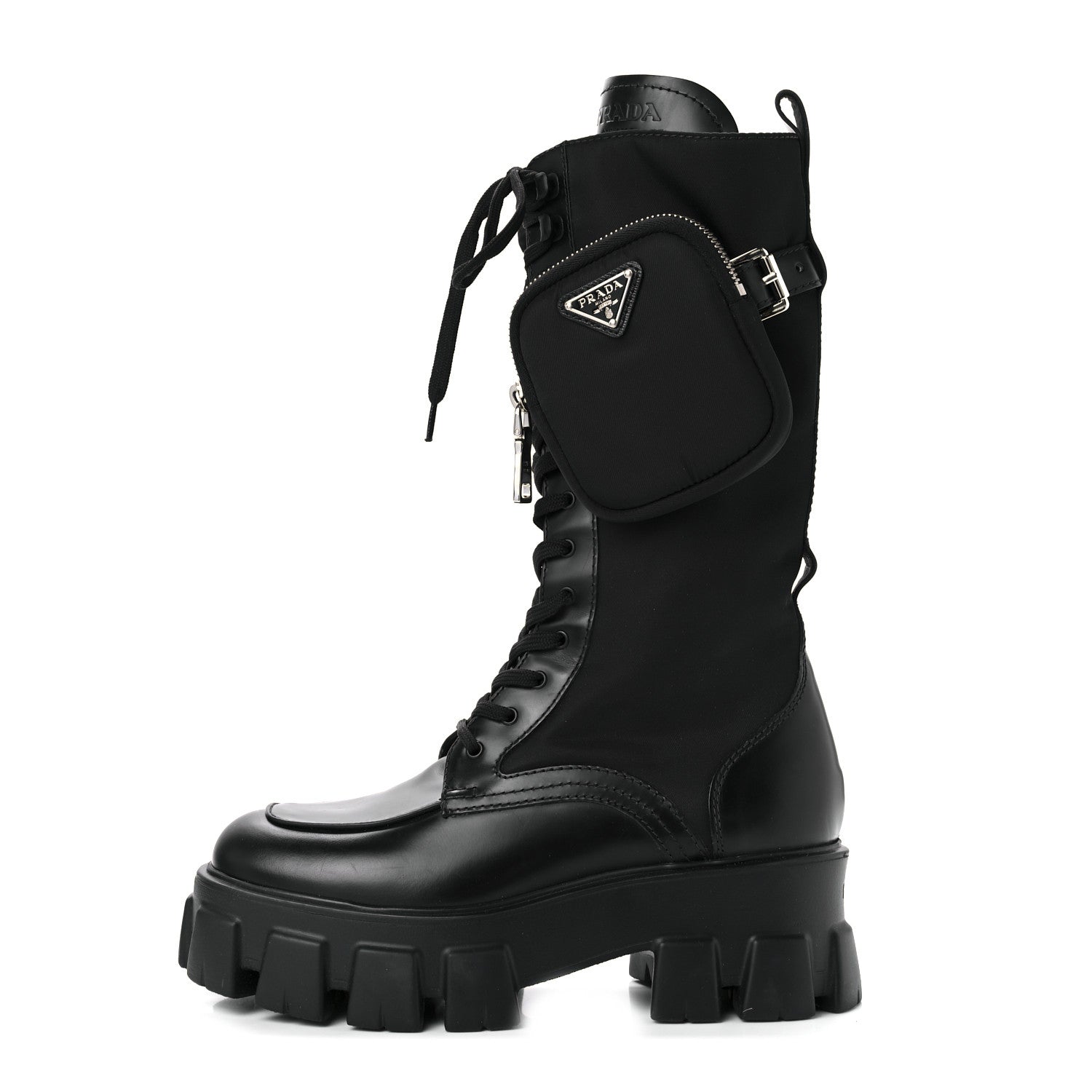 Prada Spazzolato Rois Re-Nylon Metal Triangle Logo Monolith Pouch Pocket 55mm Tall Combat Boots 38 Black 1 of 7