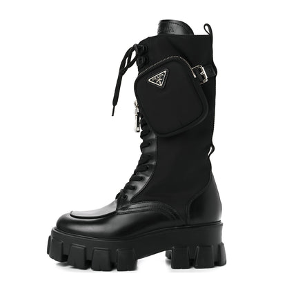 Prada Spazzolato Rois Re-Nylon Metal Triangle Logo Monolith Pouch Pocket 55mm Tall Combat Boots 38 Black 1 of 7