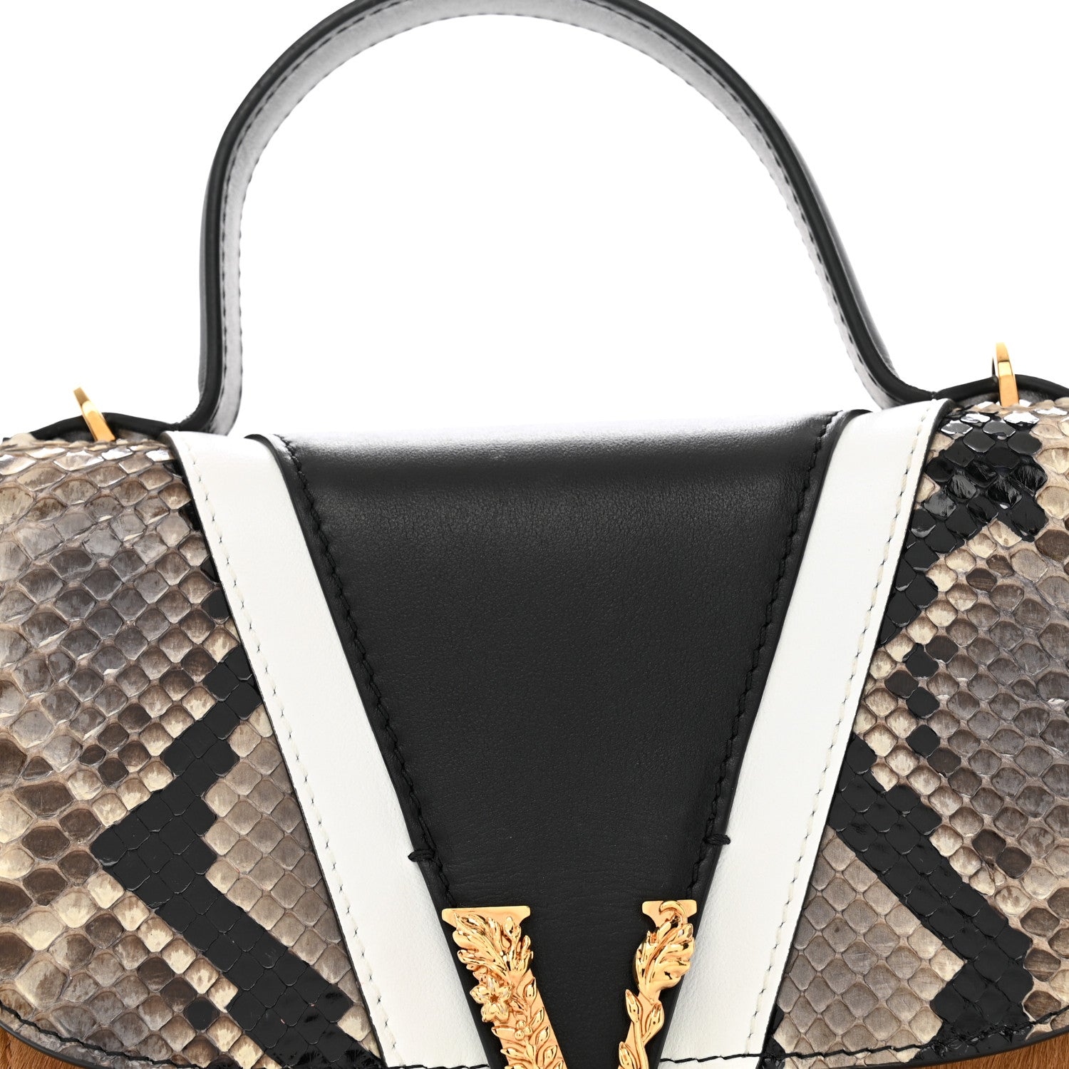 Versace Vitello Snakeskin Calf Hair Virtus V Small Top Handle Shoulder Bag Black Brown Multicolor 8 of 15