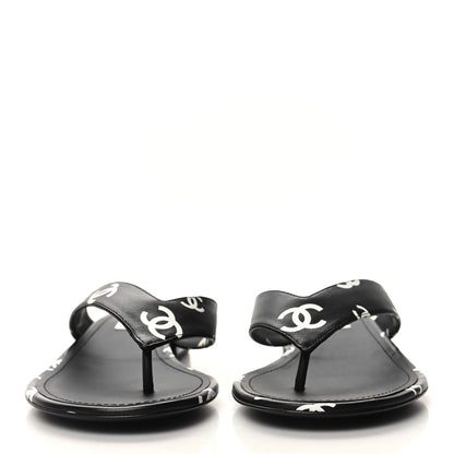 Chanel Printed Lambskin Coco Beach Thong Sandals 39 Black White 2 of 9