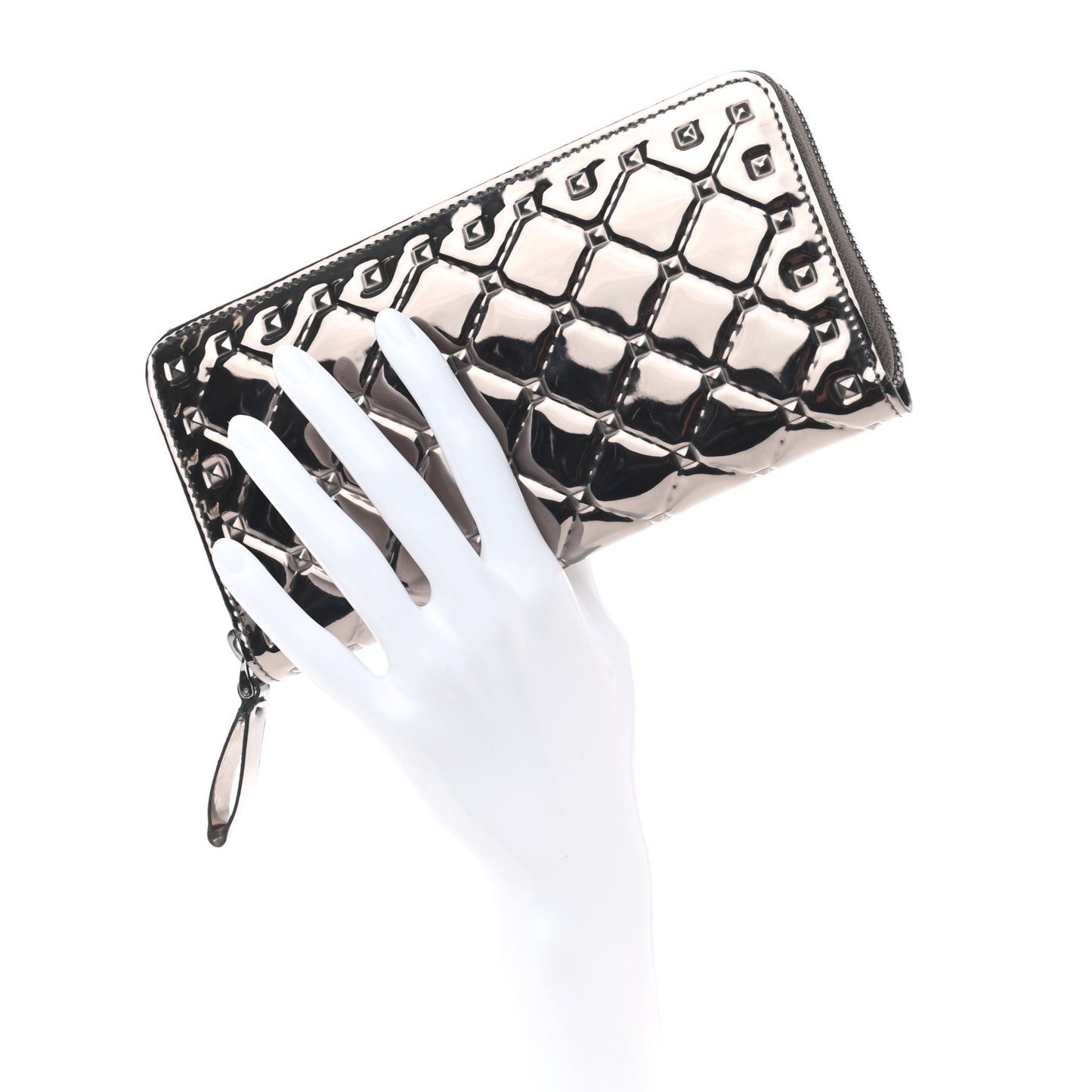 Metallic Patent Rockstud Spike Continental Zip Around Wallet Rutenio