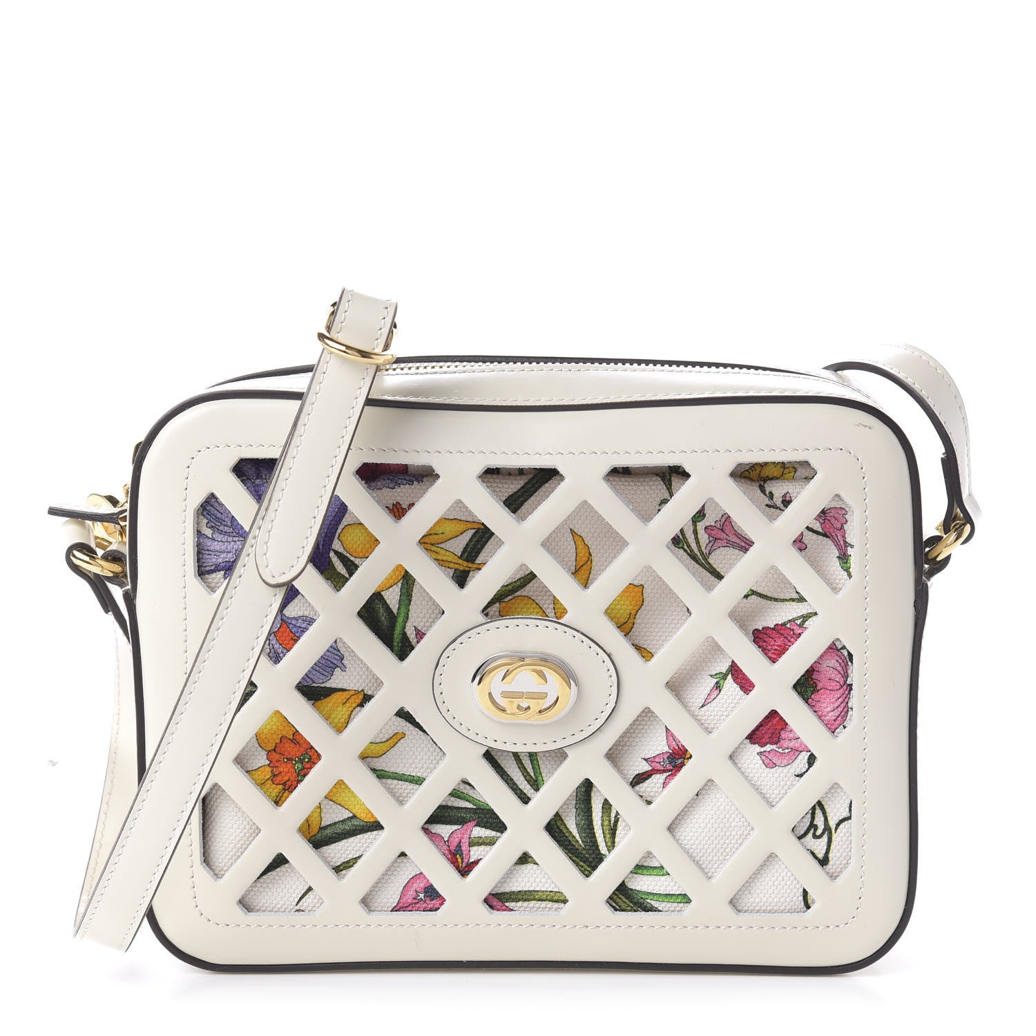 Gucci Canvas Calfskin Flora Infinity Cutout Shoulder Bag White Multicolor 1 of 10