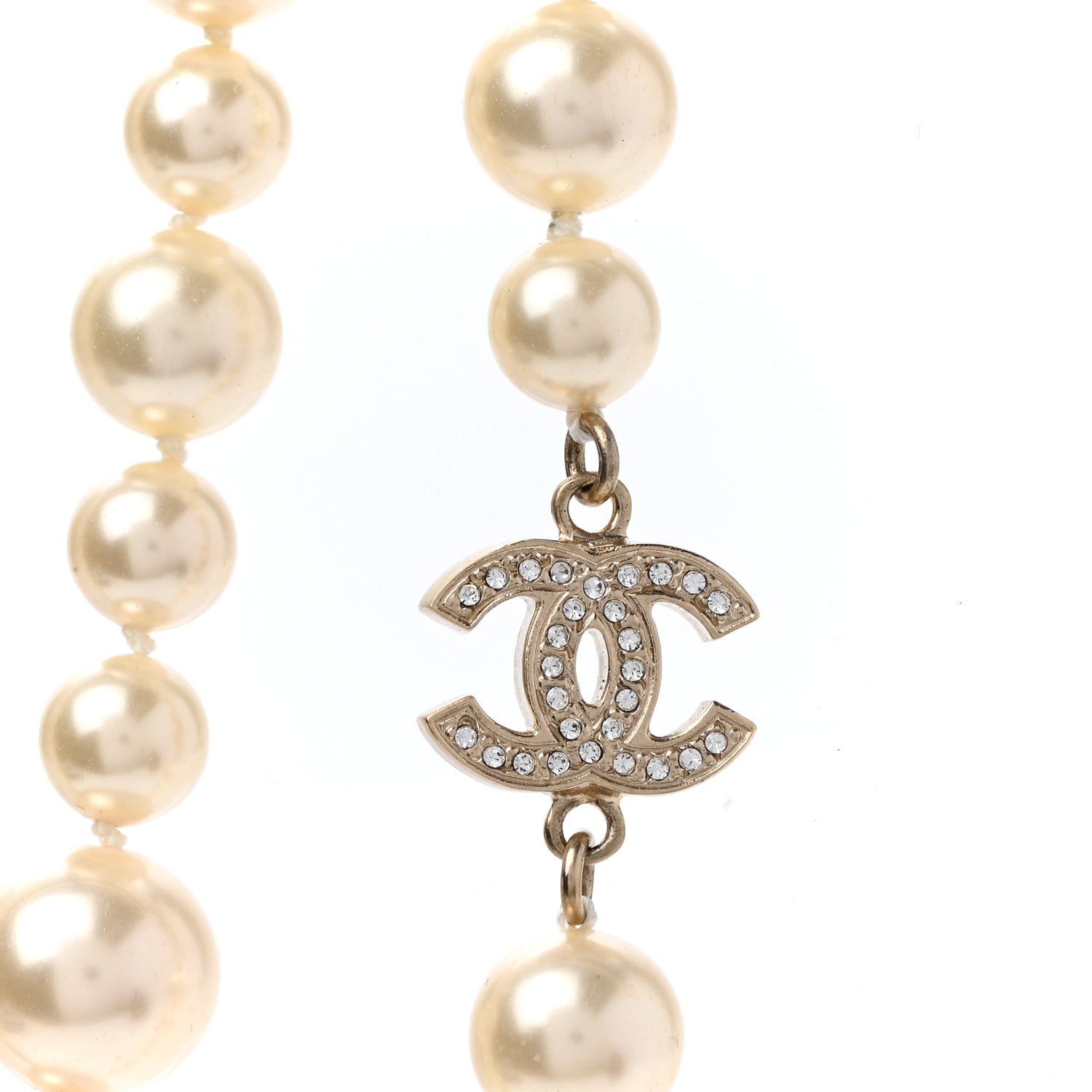 Chanel Graduated Pearl Crystal CC Long Necklace Light Gold 4 of 5