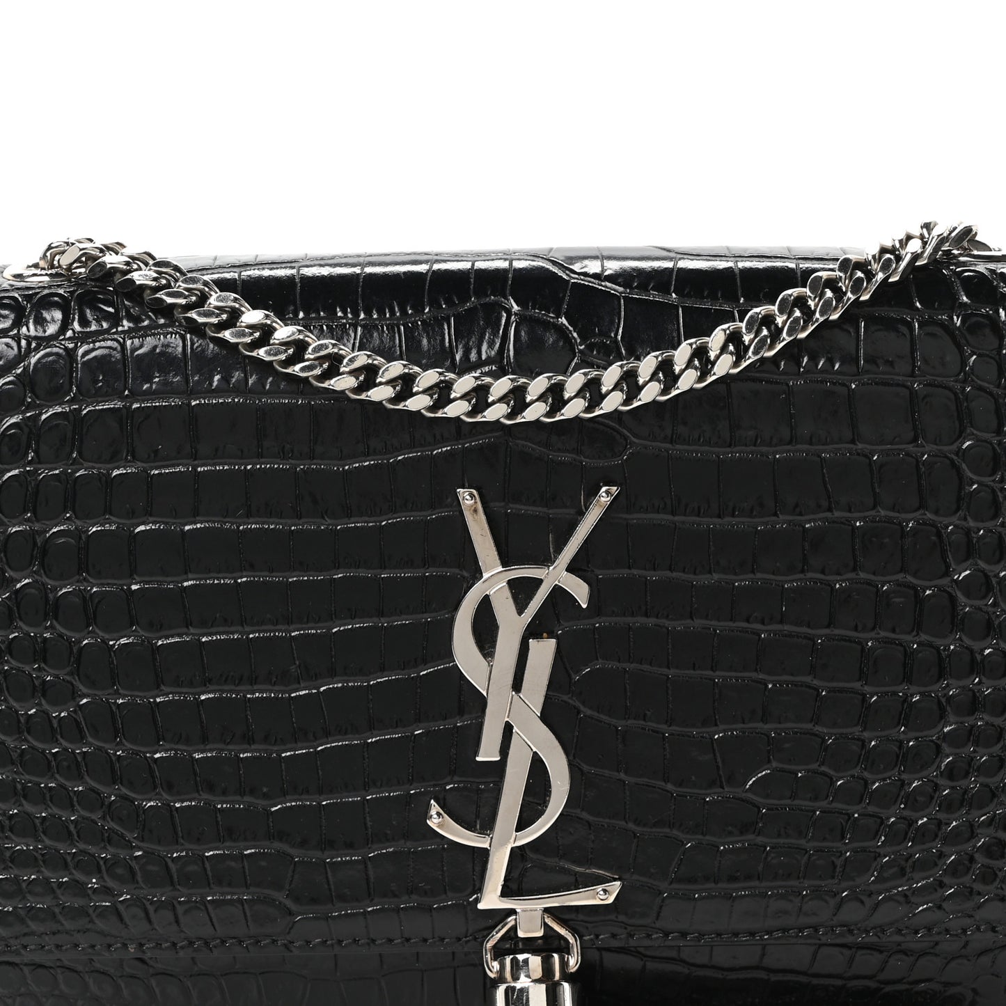 Calfskin Crocodile Embossed Small Classic Monogram Kate Tassel Satchel Black