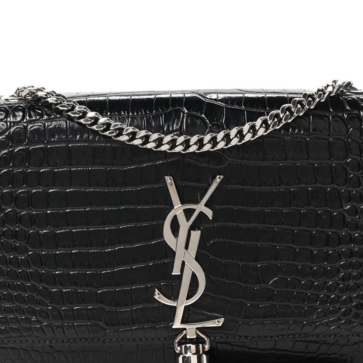 Saint Laurent Calfskin Crocodile Embossed Small Classic Monogram Kate Tassel Satchel Black 7 of 9