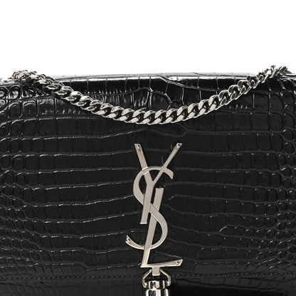 Saint Laurent Calfskin Crocodile Embossed Small Classic Monogram Kate Tassel Satchel Black 7 of 9