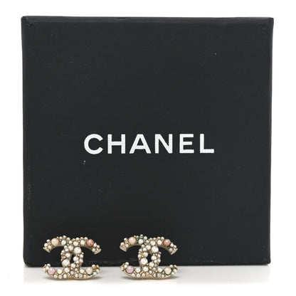 Chanel Pearl Crystal CC Charms Stud Earrings Light Gold Pink 5 of 5