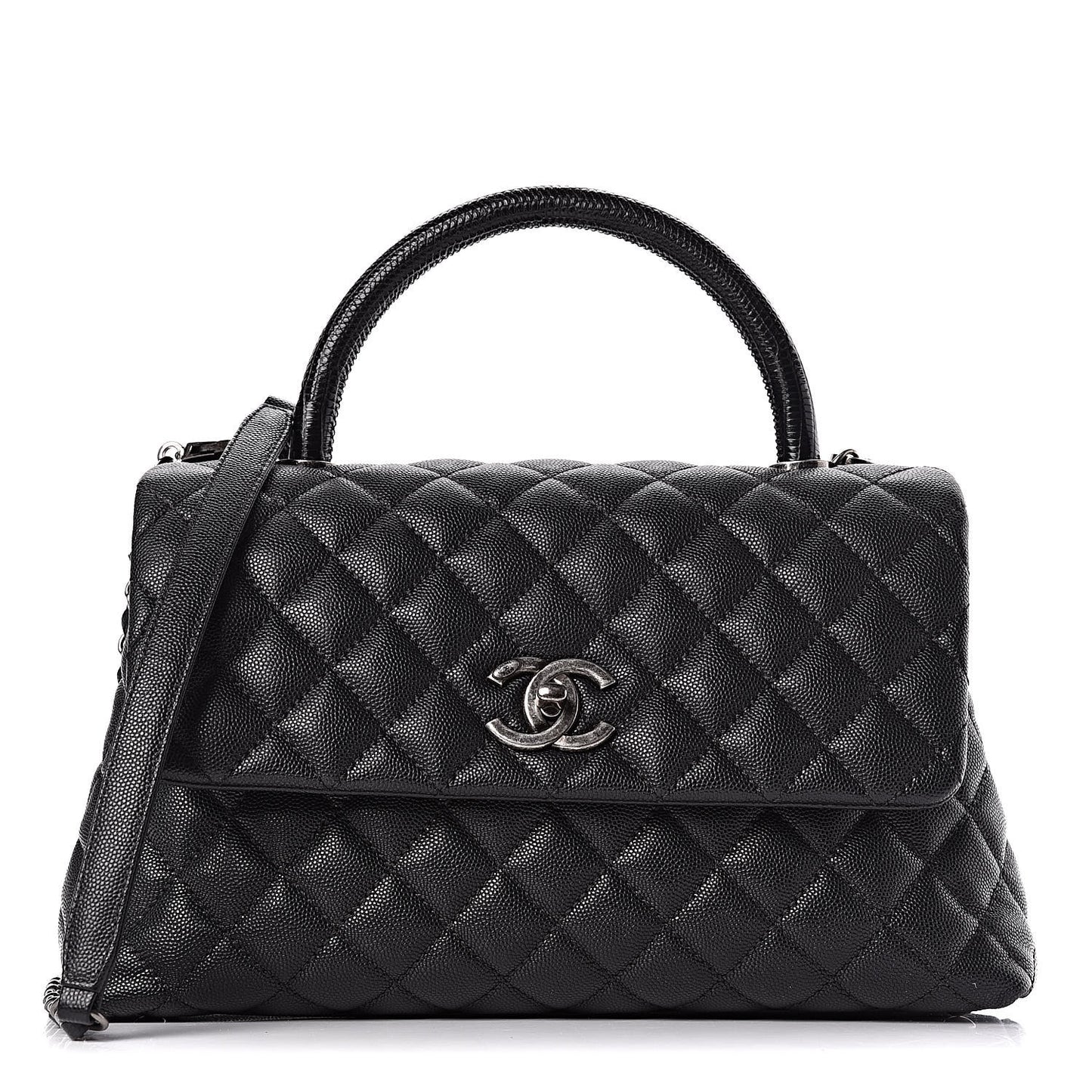 Caviar Lizard Quilted Small Coco Handle Flap Black