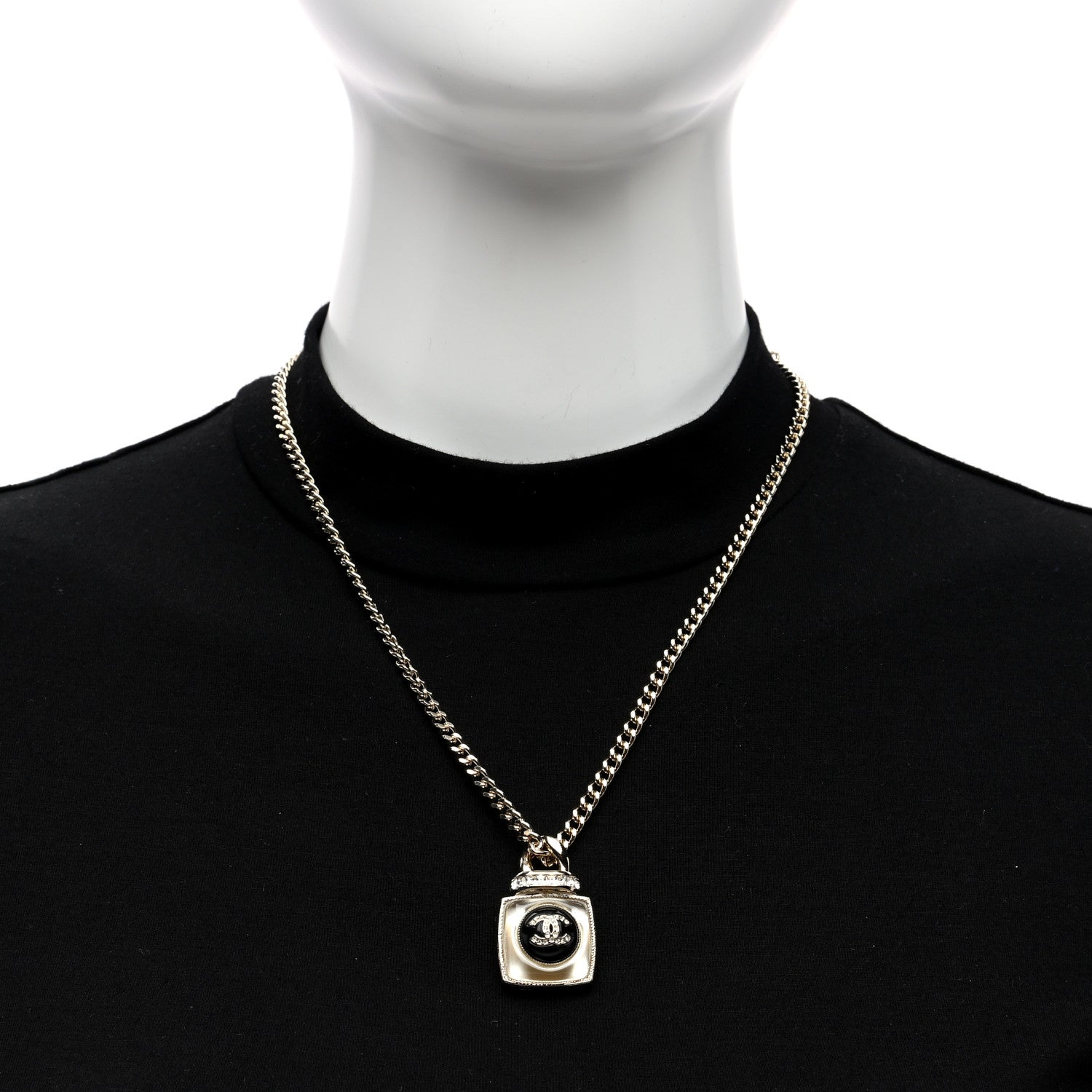 Chanel Crystal Resin CC Perfume Bottle Necklace Gold 2 of 4