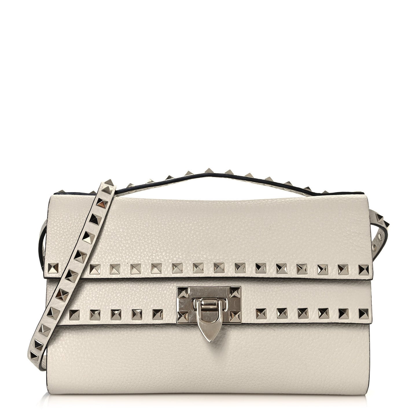 Pebbled Calfskin Rockstud Double Flap Crossbody Bag White