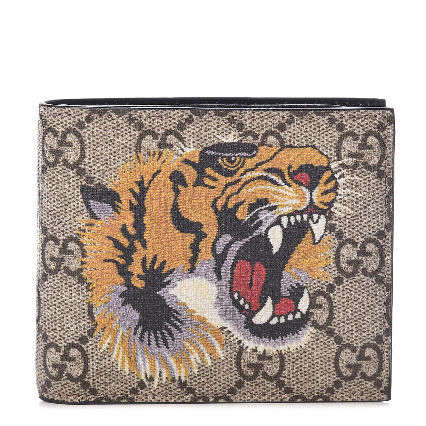 GG Supreme Monogram Selleria Calfskin Tiger Nice Bi-Fold Wallet Beige Ebony Multicolor Black
