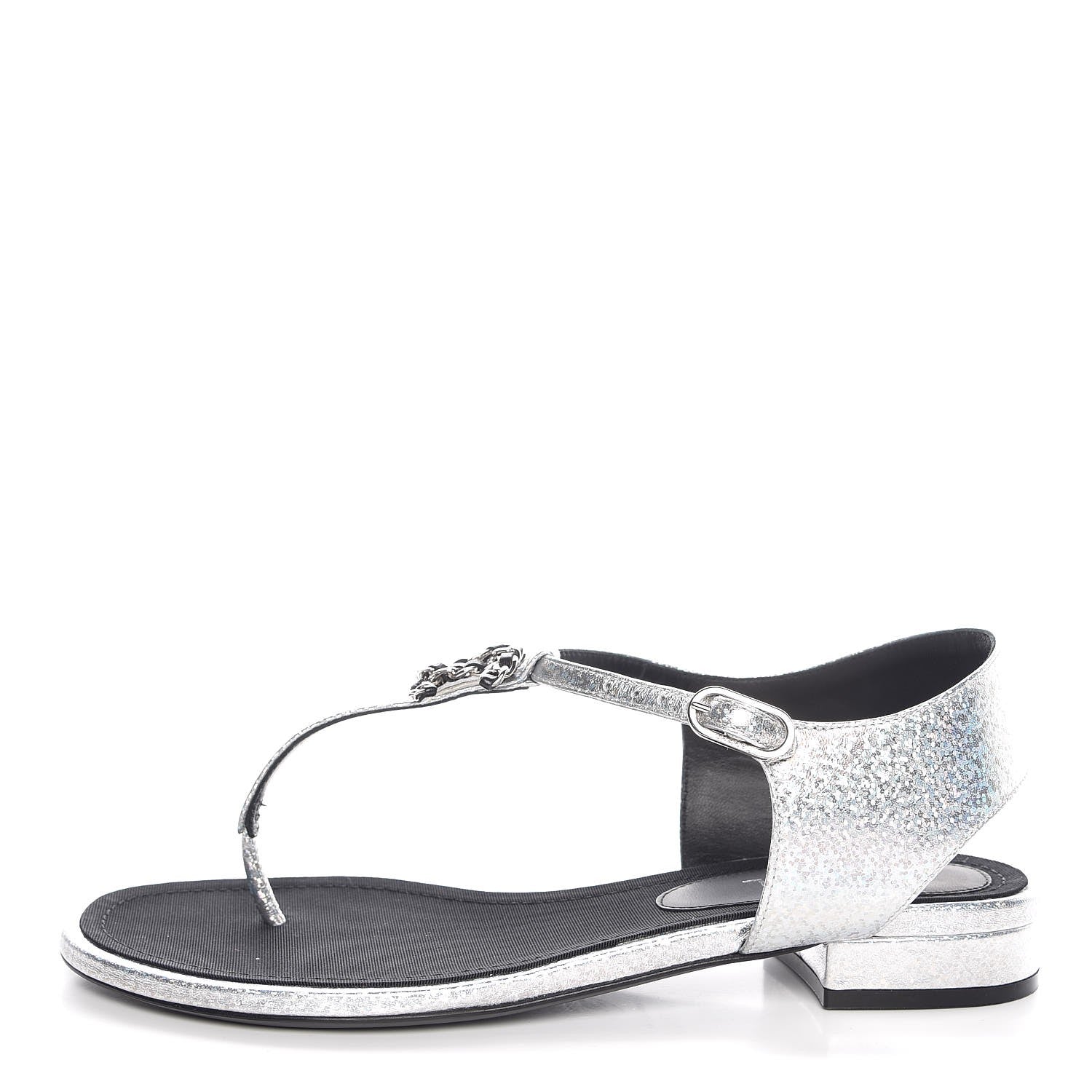 Chanel Fantasy Lambskin CC Chain Thong Sandals 37.5 Silver Black 1 of 9