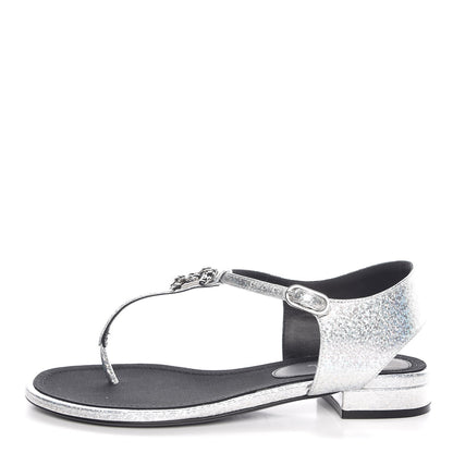 Chanel Fantasy Lambskin CC Chain Thong Sandals 37.5 Silver Black 1 of 9