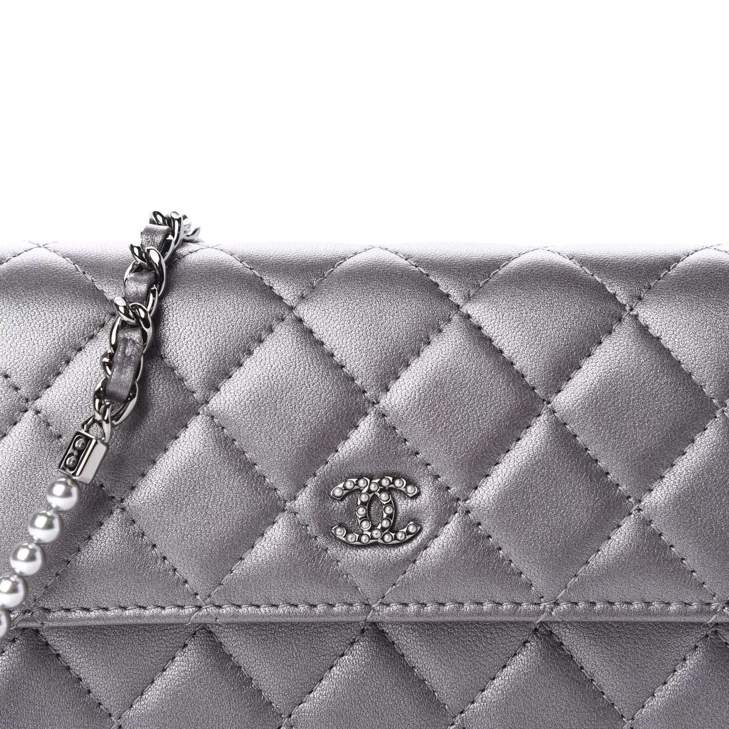Lambskin Quilted Pearl My Shoulder Mini French Wallet On Chain WOC Silver