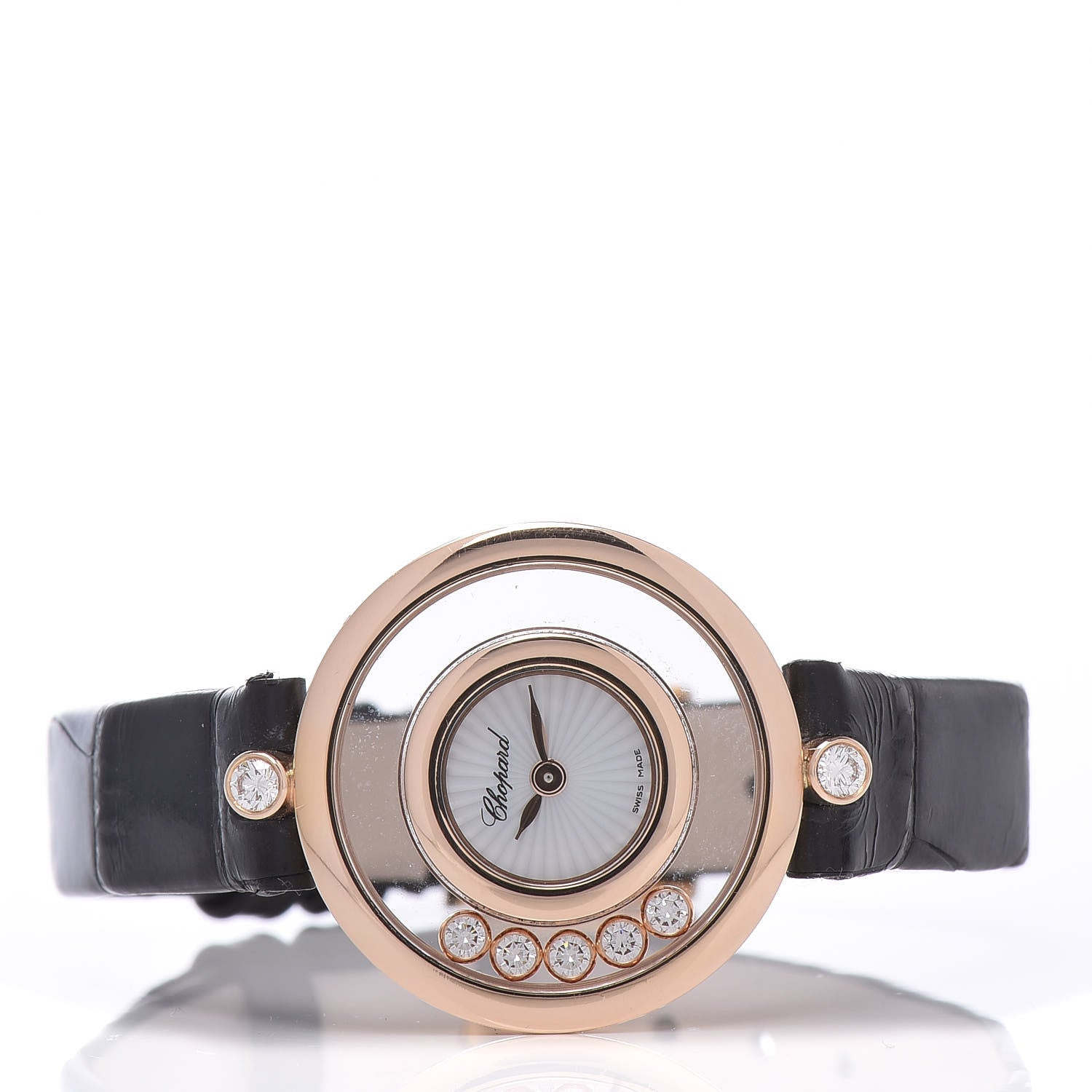 Chopard 18K Rose Gold Alligator 5 Diamond 25mm Happy Diamonds Quartz Watch 3 of 9