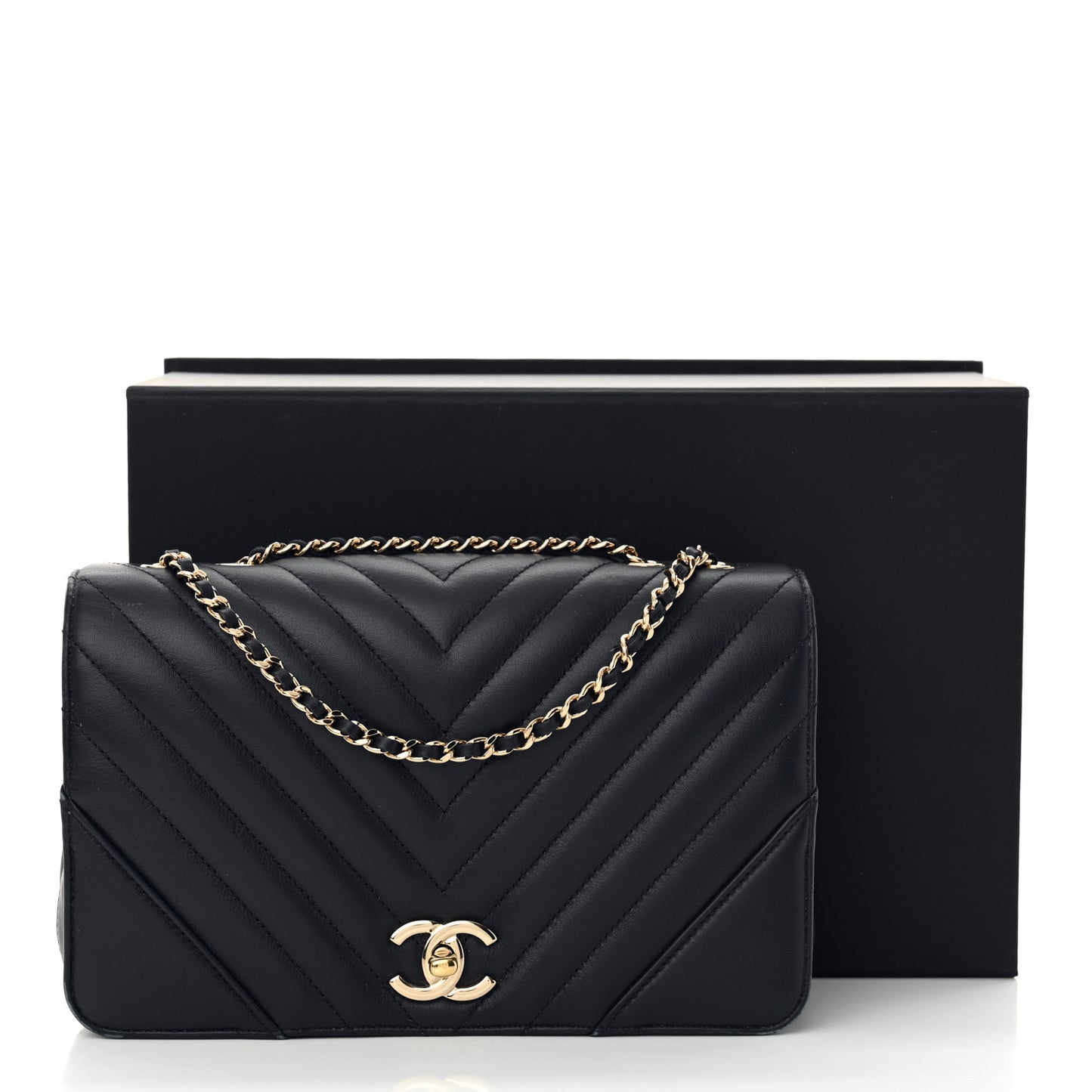 Calfskin Chevron Quilted Small Statement Flap Navy Blue