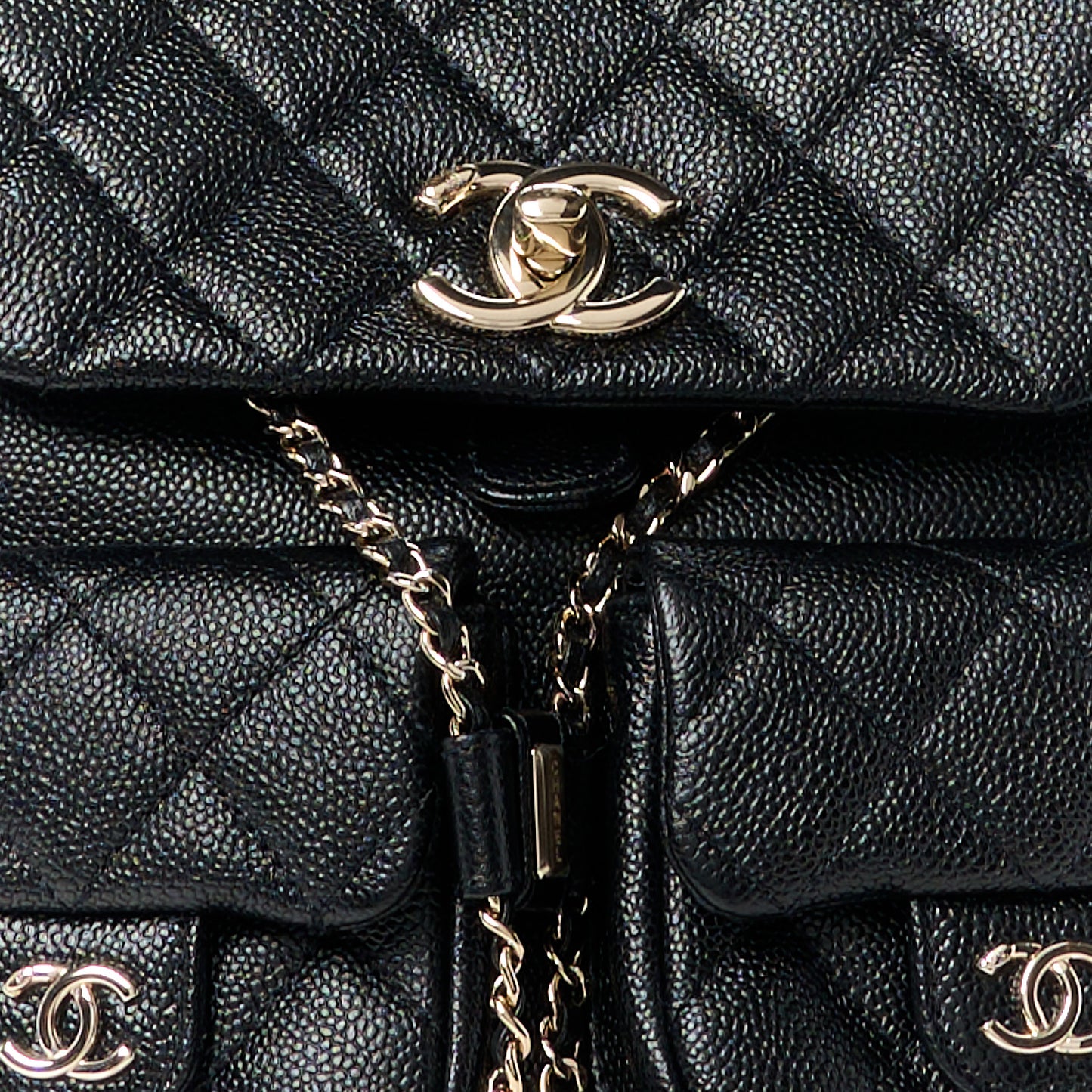 Shiny Caviar Quilted Medium Duma Pockets Drawstring Backpack Black
