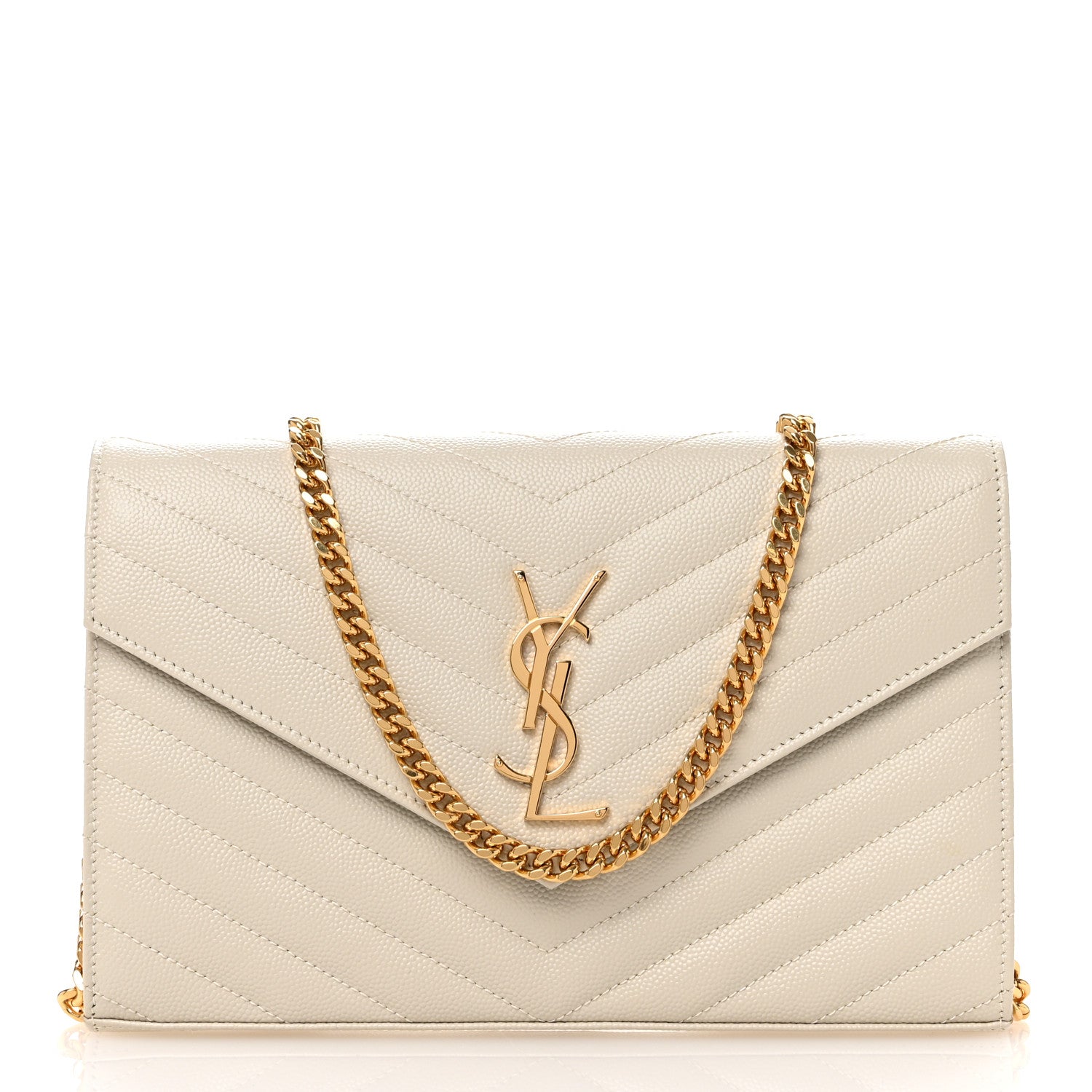 Saint Laurent Grain De Poudre Matelasse Chevron Monogram Chain Wallet Crema Soft 1 of 12